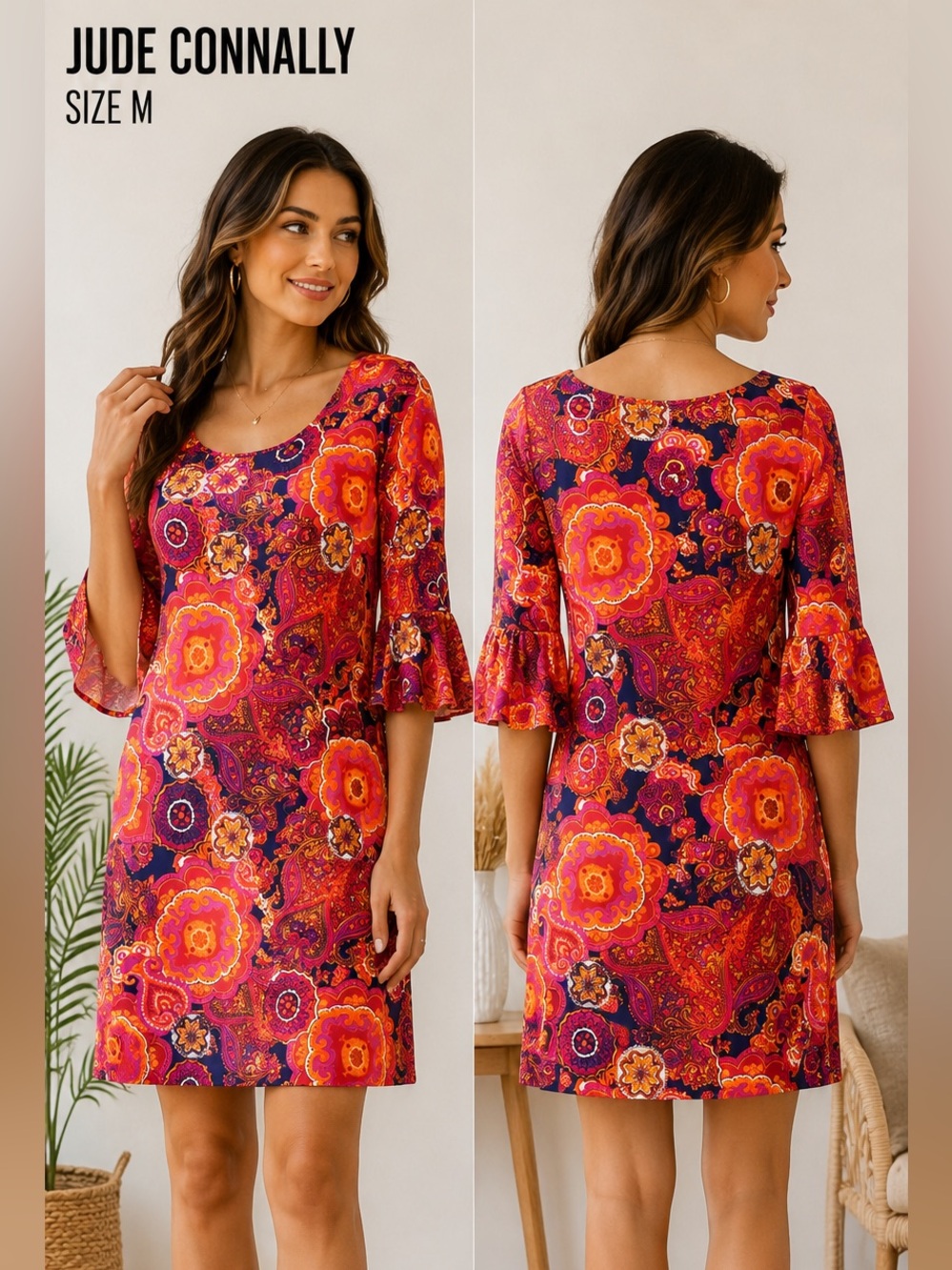Jude Connally dress women SZ medium Paisley orange Shift Mod Retro Bell Sleeve